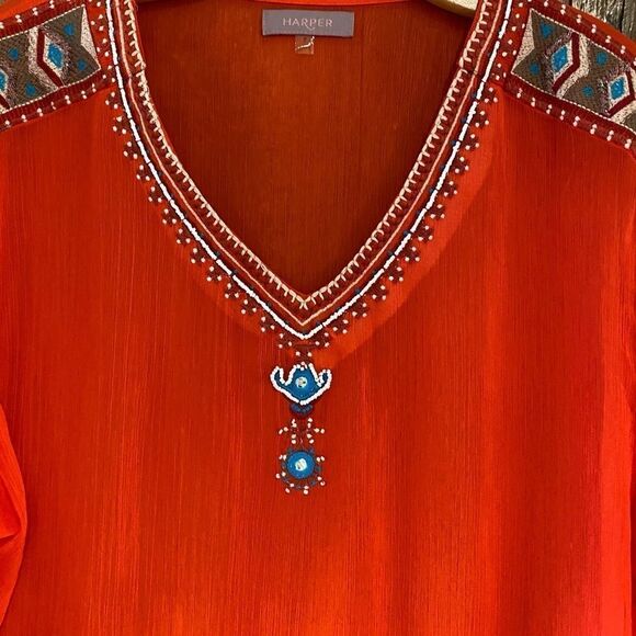 Anthropologie Harper S Sheer Orange Cowboy Western Beaded Flared Sleeve Tunic - Picture 6 of 10